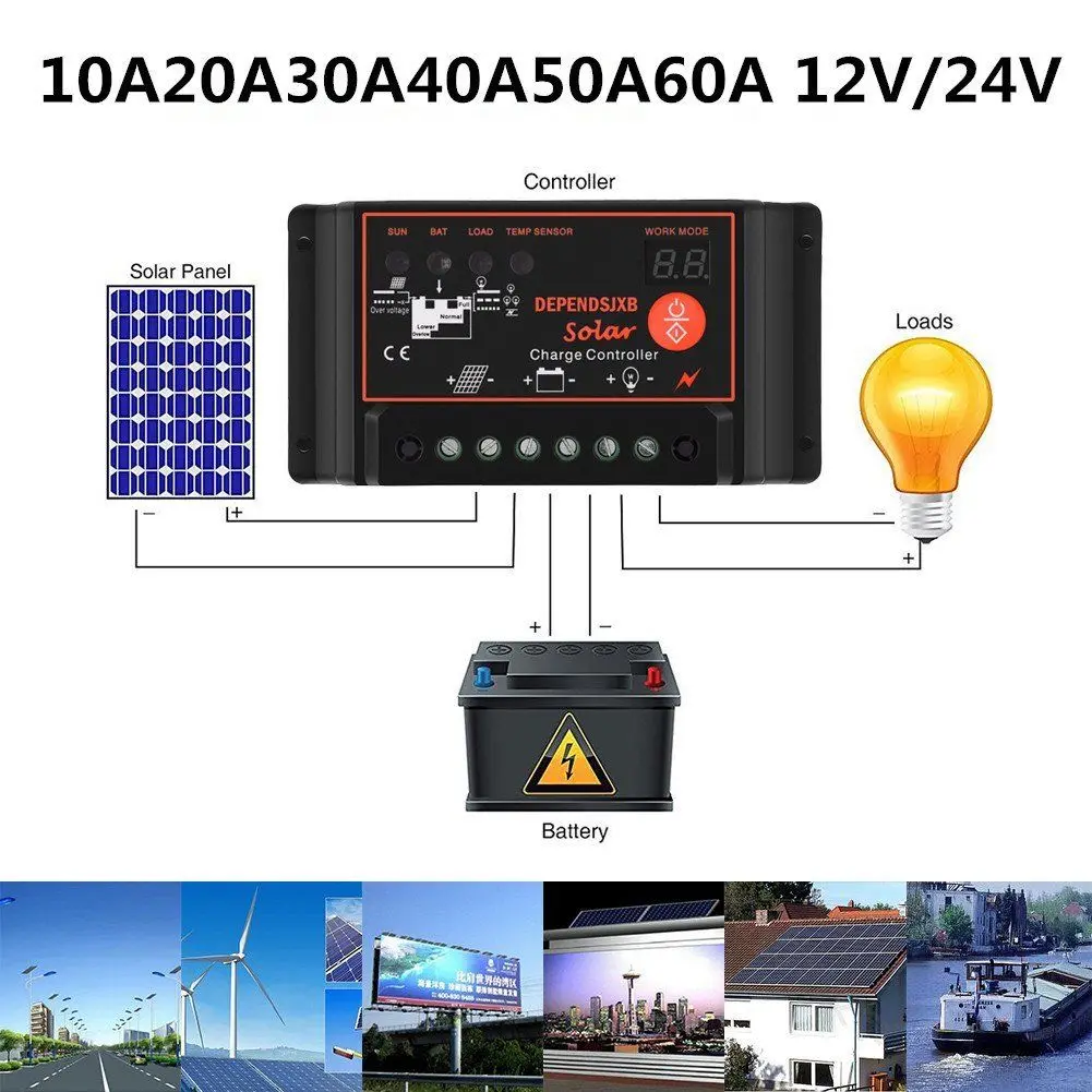 10A/20A/30A/40A/50A/60A 12V 24V Водонепроницаемый Панели солнечные зарядки Регулятор 12/24V ЖК Солнечный контроллер заряда 4-уровневая PWM функция