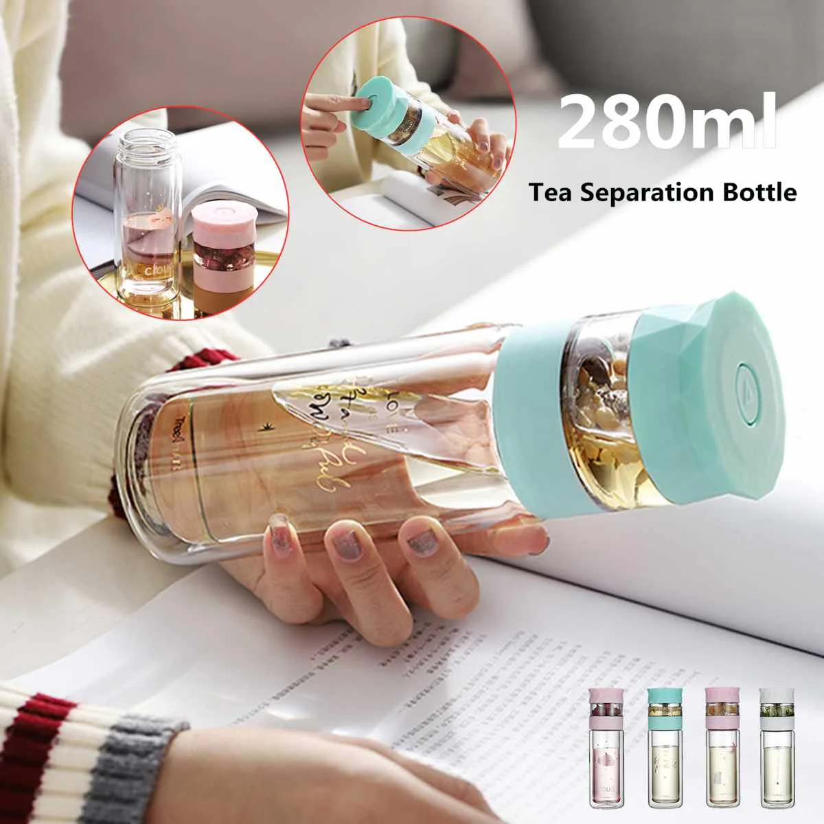 

280ML Glass Bottle with Tea Infuser Filter Travel Mug Outdoor Bike Bottle Transparent Leakproof Bottle Drinking Cup Kids Gifts