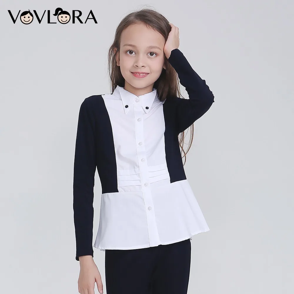 

Autumn Long Sleeve School Girls Blouses Pleated Lace Button Children Blouse Fashion 2018 School Uniform Size 7 8 9 10 11 12 Year