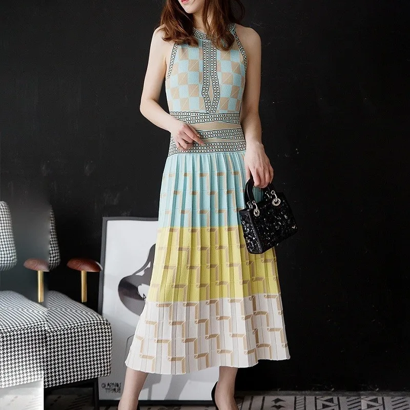 

2019 Summer women Sleeveless Geometry Striped printing Knitted Dress ladies elegant Slim Holiday beach Dresses party Vestidos