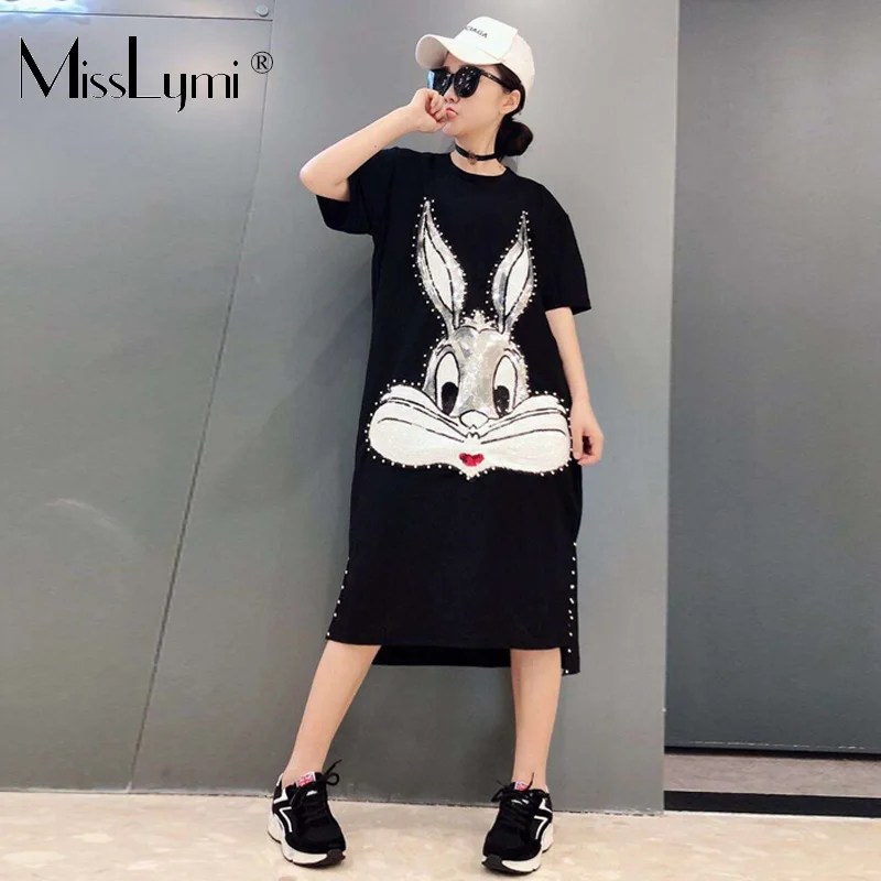

Summer Rivet Split Casual Dress Women Clothes 2019 Short Sleeve Cartoon Rabbit Sequin Embroidery Cotton Long T shirt Dresses
