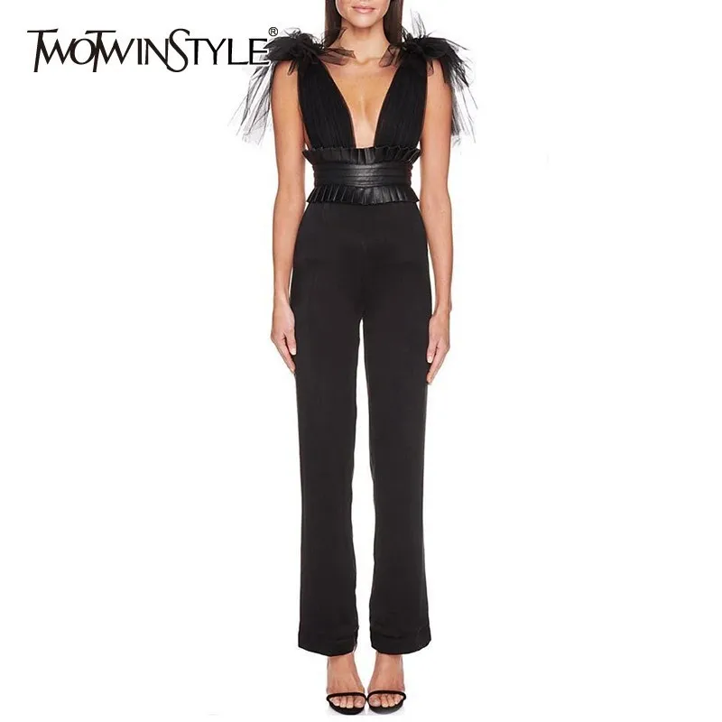 

TWOTWINSTYLE Mesh Patchwork Sexy Jumpsuit Women V Neck Off Shoulder Backless High Waist Tunic Tops Patns Female 2019 Fashion