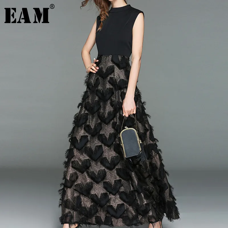 

[EAM] 2019 Spring Summer New Fashion Sleeveless Tassel Split Joint Ankle-length Round Neck Patchwork Women Long Dress AA179