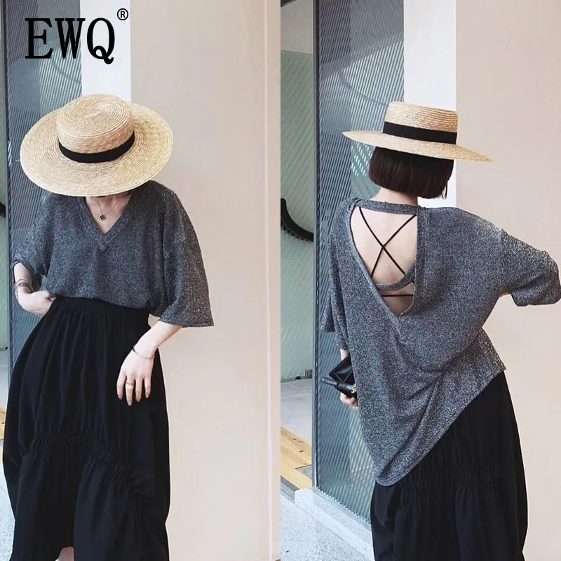

[EWQ] 2019 Summer New Style V-collar Three Quarter Solid Sequin Patchwork Tassel Pullovers Casual Asymmetrical T-shirt AE424