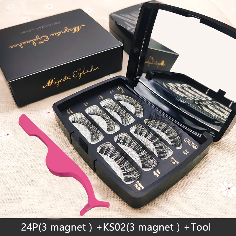 

Natural Eyelashes With 3 Magnet 2 Pairs Hand Make 3D Mink Lashes With Mirror And Applicator False Eyelashes Magnet Lashes