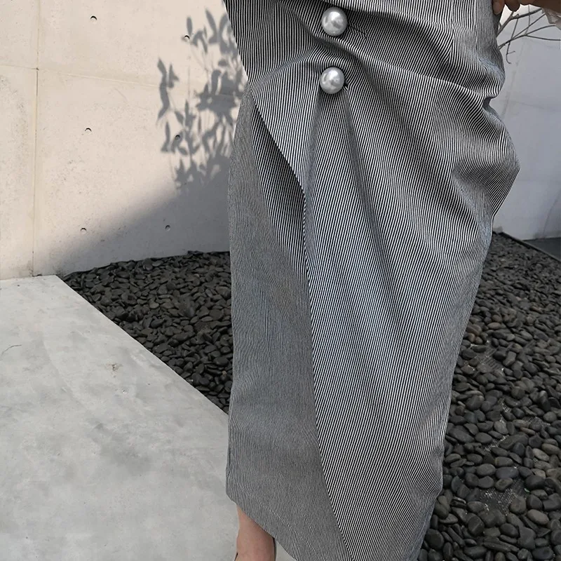 VGH полосатые прямые женские юбки с высокой талией, расшитые бисером, до середины икры,, модная Корейская Новая женская юбка миди, женская новая