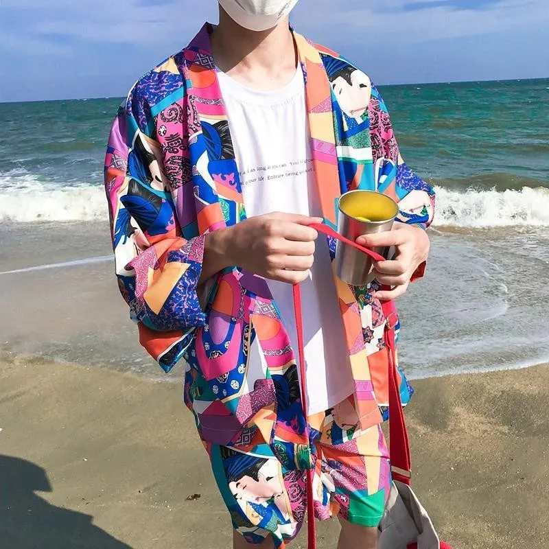Японский стиль Харадзюку, цветной принт, мужской костюм для отдыха, кимоно, рубашка, короткие штаны, комплект из 2 предметов, новинка, Гавайские спортивные костюмы, 2XL