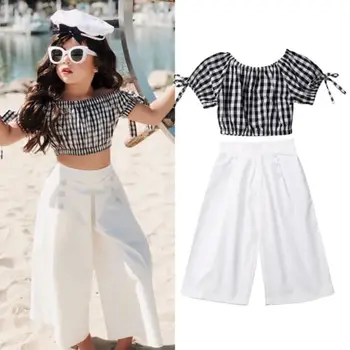 

New 2PCS Kids Baby Girls Plaids Off Shoulder Checks Tank Crop Tops T-Shirt Loose Wide Leg Pants Holiday Clothes Outfits Set 1-6T