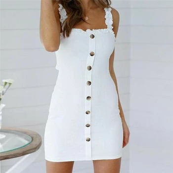 

Lady Girls Summer Fresh Straight Ruffled Strap Dress Button Women Holiday Beach Wear Solid Dress Elegant Short Mmi Dresses