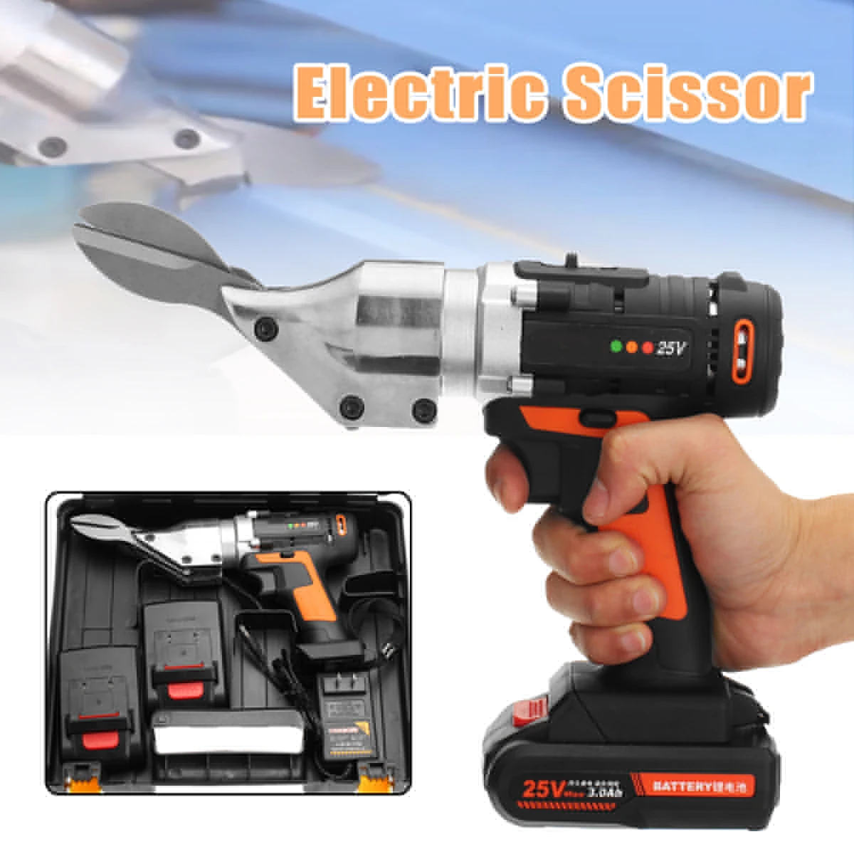 

25V Li-ion Cordless Electric Scissor Metal Sheet Shear Cutter Scissors Rechargeable 2 Battery Rotating Head Power Tool