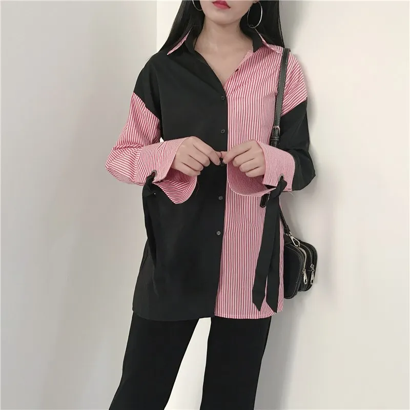 2019 Vintage Turn-Down Collar Patchwork Striped Blouse 2019 New Women Fashion Lace Up Loose Shirts Female Casual Blouses