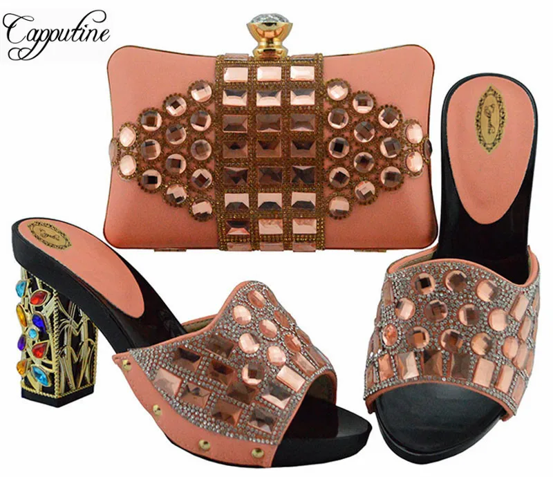 

African Style Women Peach Color Shoes And Matching Bag Set For Party Italian Style High Heel 10CM Shoes And Bag Set GT003