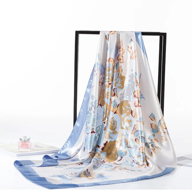 

Women Luxury Brand Flower Print Square Silk Scarfs Head Wraps Ladies Hijab Scarves Headkerchief 90*90cm
