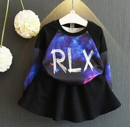 

Baby girl set Print letter sky skirt sweater set Fashion all-match Sweatshirts black Pleated skirt 2pcs kids suit Autumn clothes