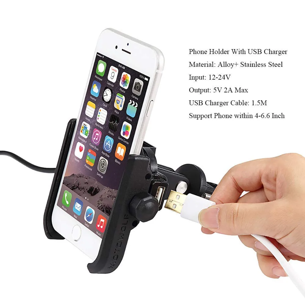 

Motorcycle Bicycle Phone Holder with USB Charger Handlebar Bracket for Car Motorbike GPS Stand for 4-6 inch Mobile Phone