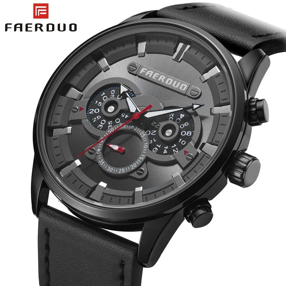 

FAERDUO 2019 Black Watch Men Brand Luxury Men Watch Leather Waterproof Quartz Watch Military Watches Man Clock Relogio Masculino