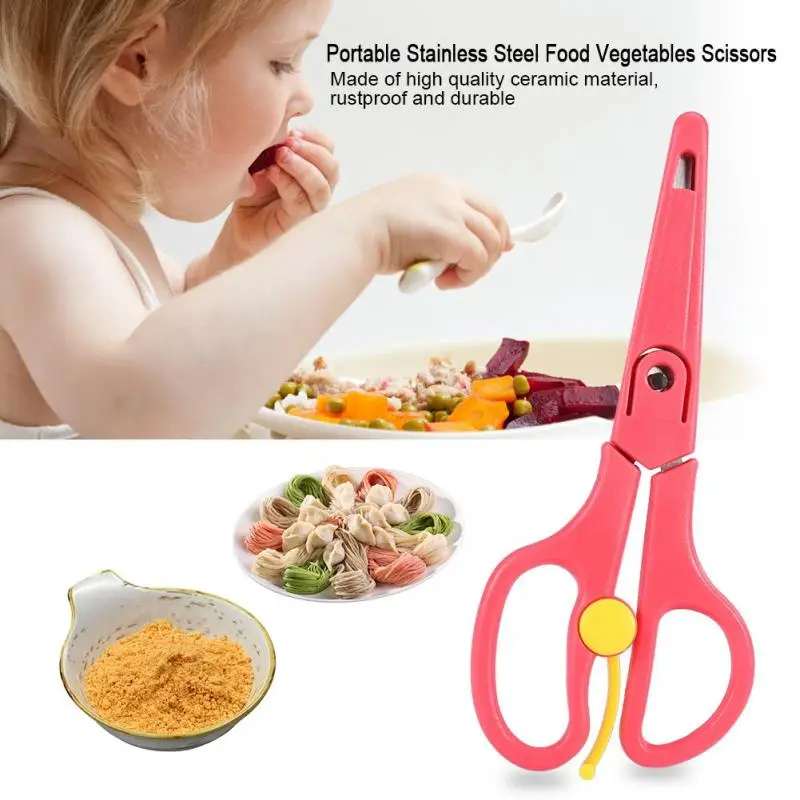 

3 Color Baby Stainless Steel Food Scissors Supplement Tool Multi-function Food Vegetables Scissors PP handle slip-proof