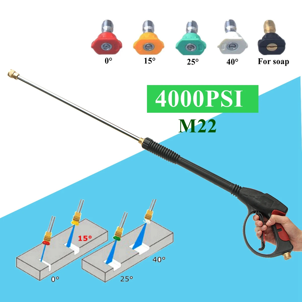 

4000psi M22 High Pressure Spray Guns Spraying Washer Extension Wand Nozzles Tips Cleaning Tool for Car Home Floors Walls + 5xTip