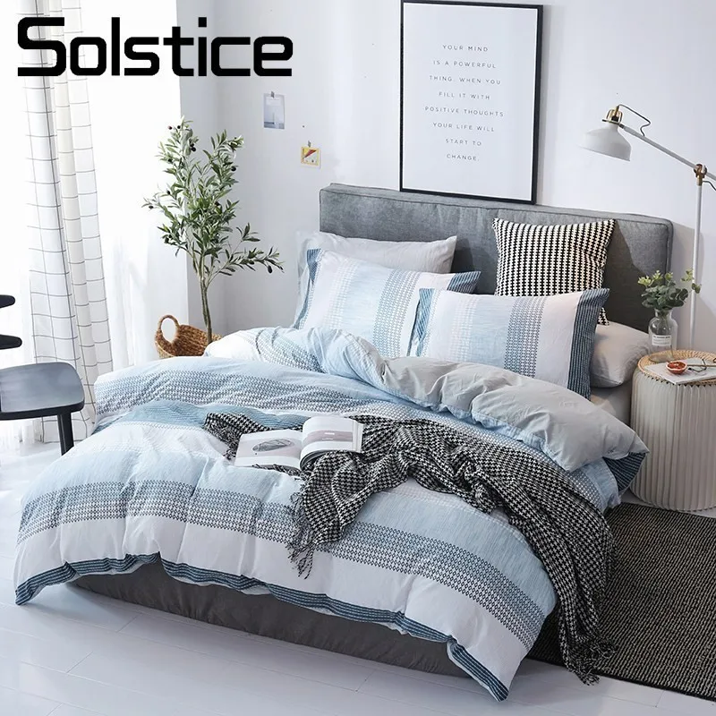 

Solstice Home Textile Blue Stripe Nordic Simple Bedding Set White Gray Duvet Cover Pillowcase Sheet Boy Teen Girl Bed Linen Kits