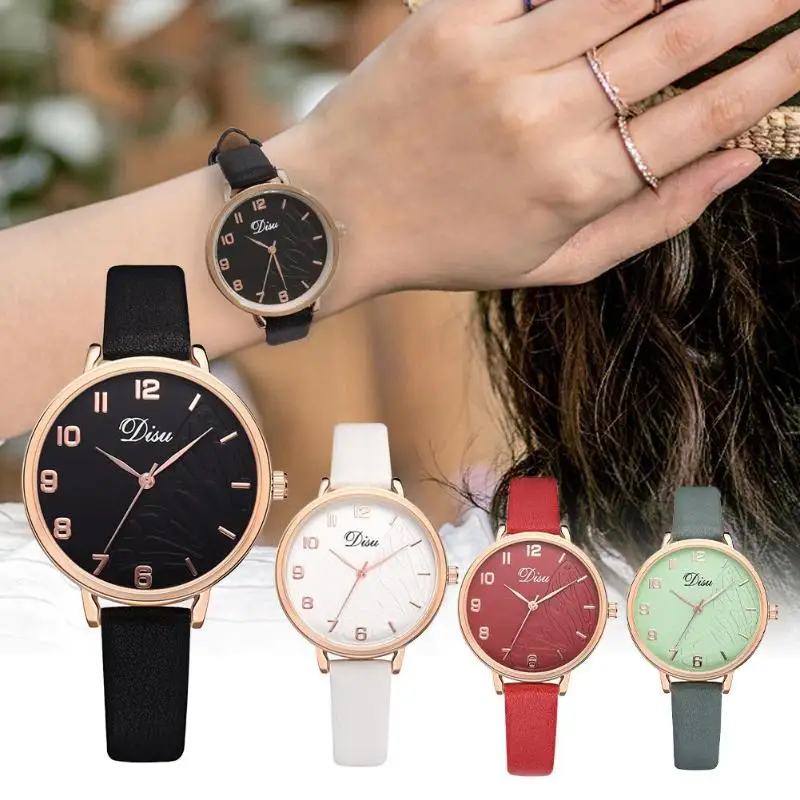 

Vintage Printed Women Watches PU Strap Large Dial Luxury Quartz Wristwatch