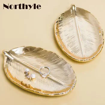 

Nordic ceramic gold tray leaf storage tray for DIY home decoration porcelain golden plate wedding decoration jewelry plate