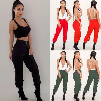 

Plus Size New Fashion Women Cargo Pants Trousers High Waist Casual Loose Long Pockets Cool Ladies Female Harem Pants No Belt