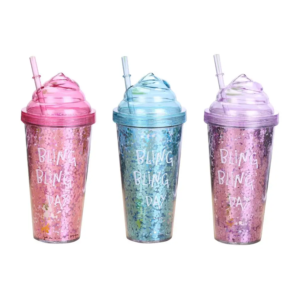 

500ml Glitters Pattern Double Layer Plastic Straw Bottle Innovative Gift Ice Cream Straw Healthy Drink Bottle For Outdoor