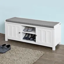 SoBuy FSR35-W, White Storage Bench with 2 Doors Removable Seat Cushion, Shoe Cabinet Shoe bench practical wooden shoe cabinet closet storage rack pu seat bench entryway hallway black