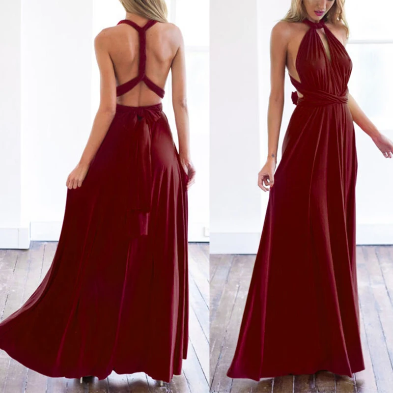 

Womens long Dress Multi Way Wrap Bridesmaid wedding Formal Party Backless Sundress elegant pure color A-line dresses