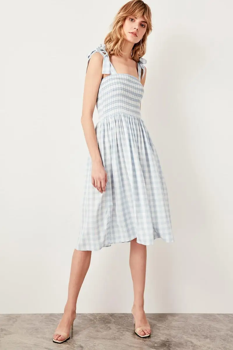 Trendyol Blue Checkered Dress TWOSS19XM0114-in Dresses from Women's