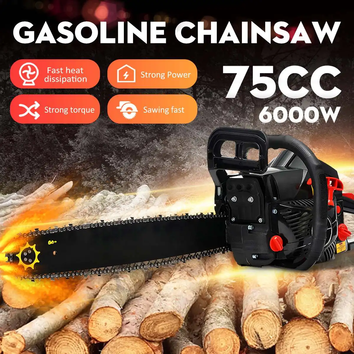 

6KW Gas Gasoline Powered Chainsaw 6000W 75cc 2-stroke Gasoline Chain Saw Wood Pruning Cutting power tools