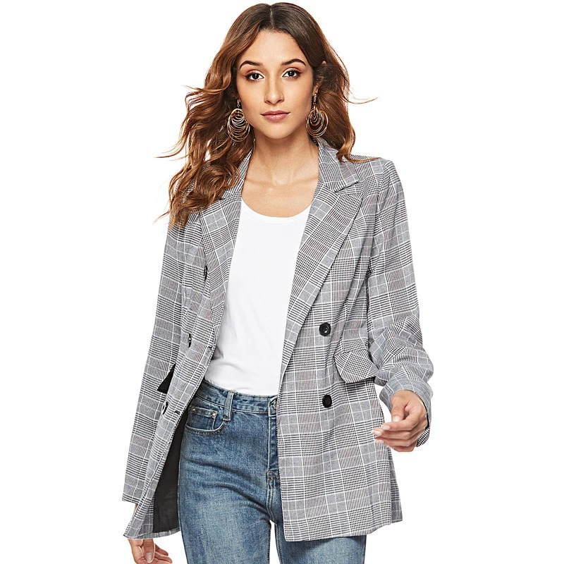 Autumn Winter Fashion Double Breasted Plaid Blazer Coat Office La Women