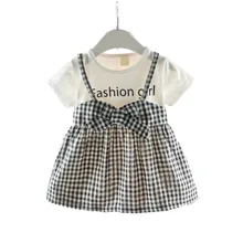 Одежда для маленьких девочек; одежда для маленьких девочек с круглым вырезом; с короткими рукавами; с бантом; в клетку; с буквенным принтом; хлопковое милое цельнокроеное платье для новорожденных