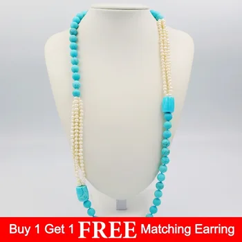 

LiiJi Unique Fashion Necklace Turquoises 10mm &Freshwater Pearl Long Sweather Necklace 30''/76cm