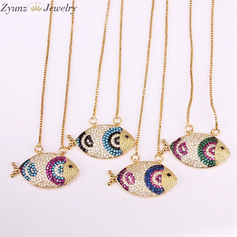 

5PCS ZYZ334-6291 Mix Color Crystal Zirconia Fish Pendant Necklace, Pave CZ Stone Ocean Jewelry