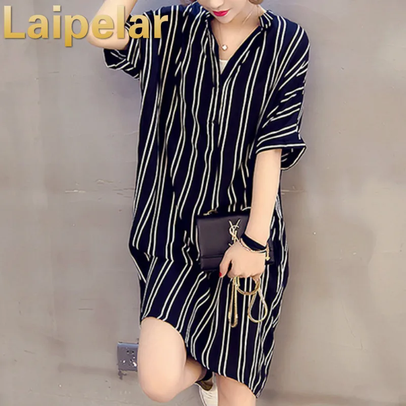 

Laipelar 2019 Summer Shirt Dress Women's Black And White Stripe Dresses Casual Large Size Vestidos Female Camisas Dress Mujer