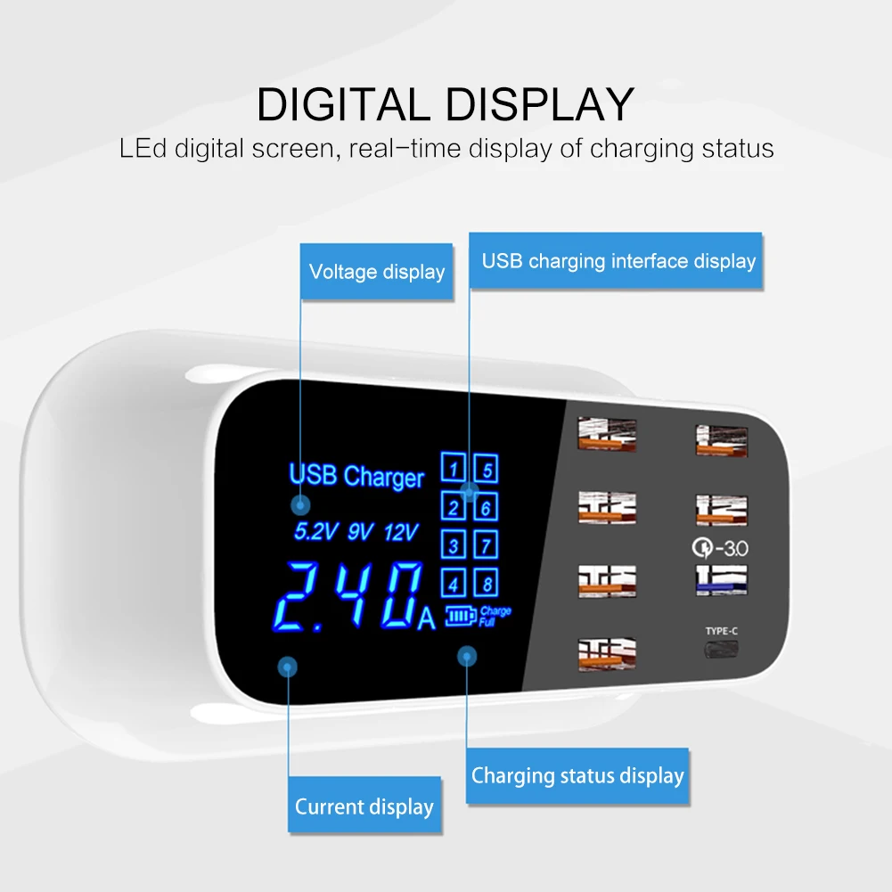 

Fast Charging Power Adapter Desktop Strip Mobile Phone Charger Quick Charge 3.0 Smart USB Type C Charger Station Led Display