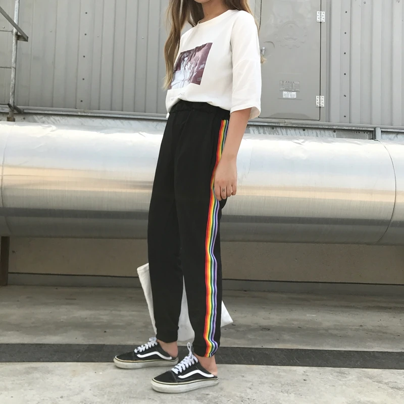 Goede Koreaanse Ulzzang Harembroek Regenboog Gestreepte Casual Broek Tiener Studenten Esthetische Harajuku Stijl Street Style Broek