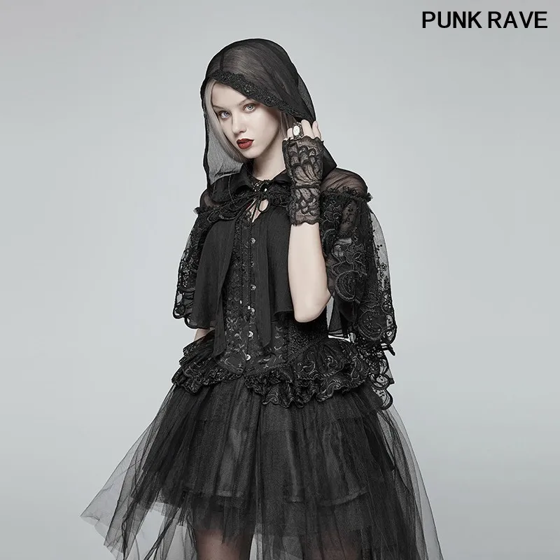 

Lolita Club Small Short Cloak Hood Gothic Black Transparent Lace Asymmetric Hem Chiffon Hooded Cape Women Cape PUNK RAVE LY-083