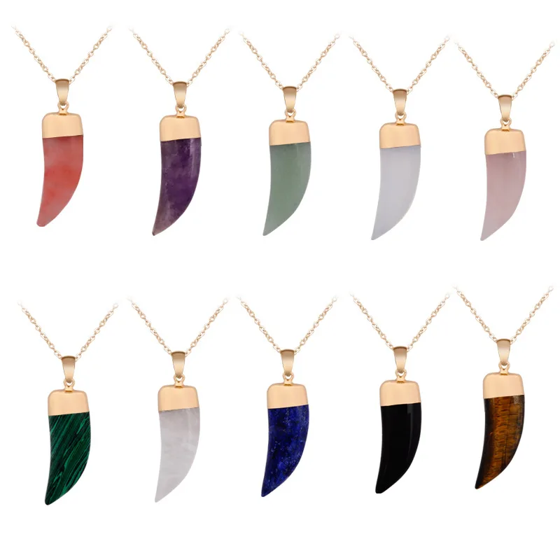 

New style Natural Crystal Quartz Tooth Horn Point Chakra Stone Pendant Necklace men women Originality fashion Popular