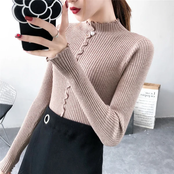 

2018 Autumn Winter New Korean Edition Women's Knitted Long-sleeved Slim Turtleneck Clothes Sweaters Pullovers High-collar Tops