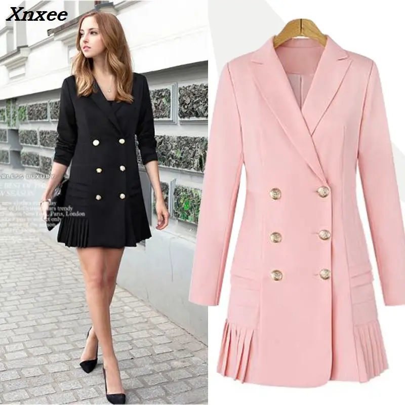 

Fall winter streetwear double breasted long suit women's blazer slim bottom pleated women coat jacket casual outwear plus size
