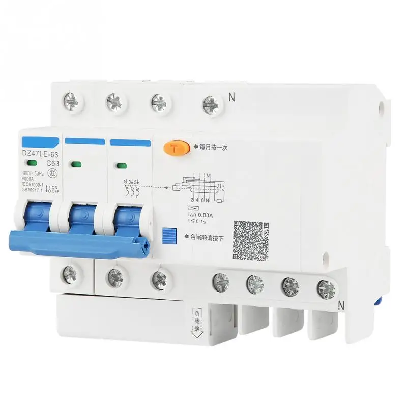 DZ47LE-63 3P+ N C63 время автомат защити цепи 230V 63A 30mA защита от перегрузки и защита от короткого замыкания хорошее высокое качество