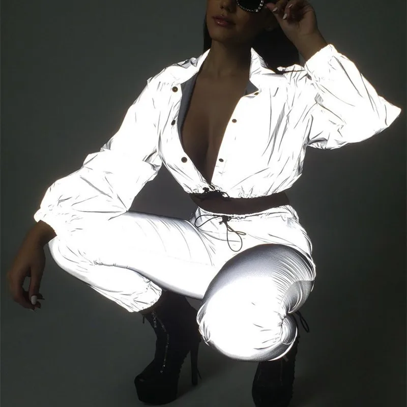 

Reflective Two Piece Set Drawstring Crop Top and Pant Hip Hop Club Outfit Tracksuit jogging femme suit conjunto feminino 2018