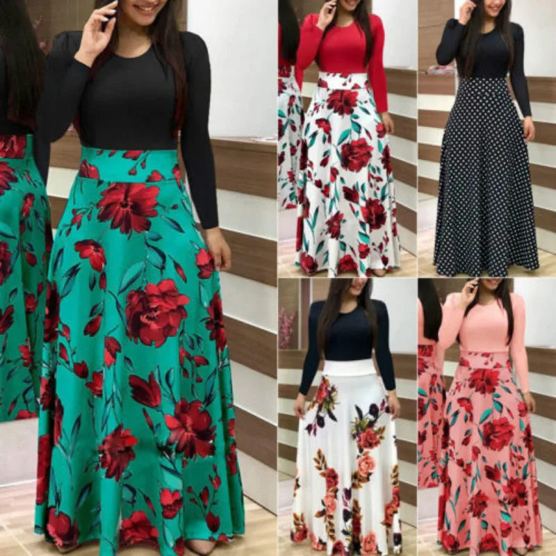 

Women's Floral Cocktai Party Long Beach Sundress Long Sleeve Polka Dot Dress