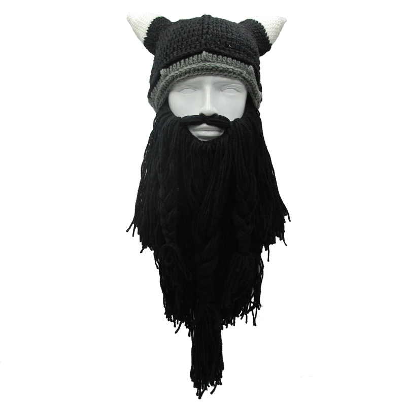 Забавные мужские вязаные шапки Vikings Beanies ручной работы с рогом бороды зимние