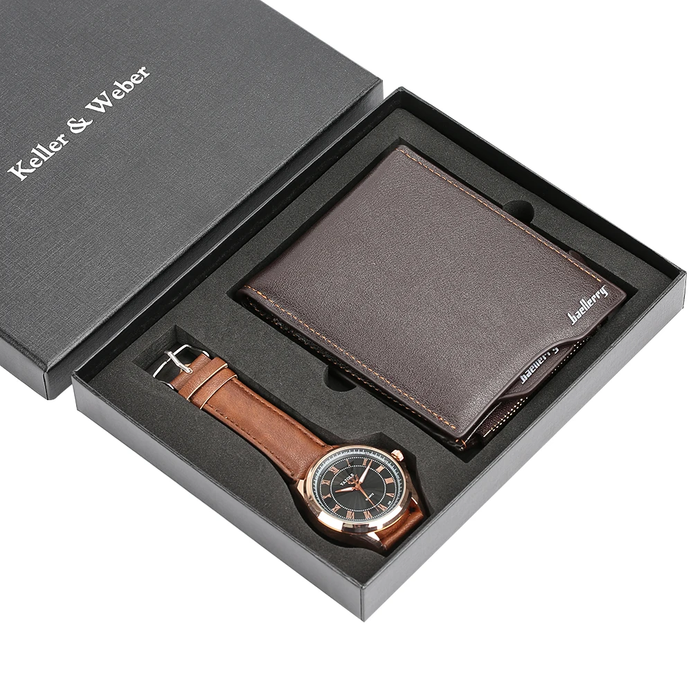 Мужские часы бизнес римские цифры кожаный ремешок кварцевые наручные часы большой емкости мягкий кошелек подарочный набор для отец друг