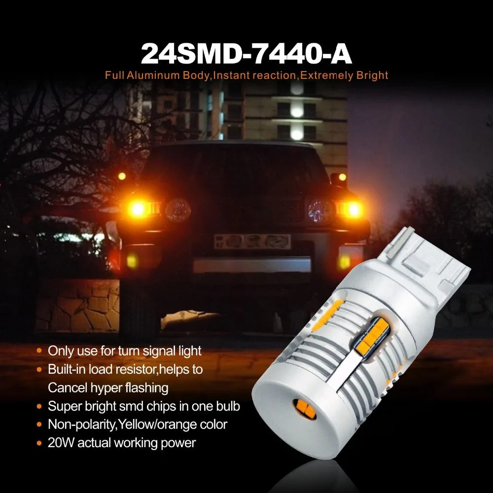 2x T20 7440 WY21W 7440NA светодиодный Canbus без ошибок Hyper Flash супер яркие янтарные желтые