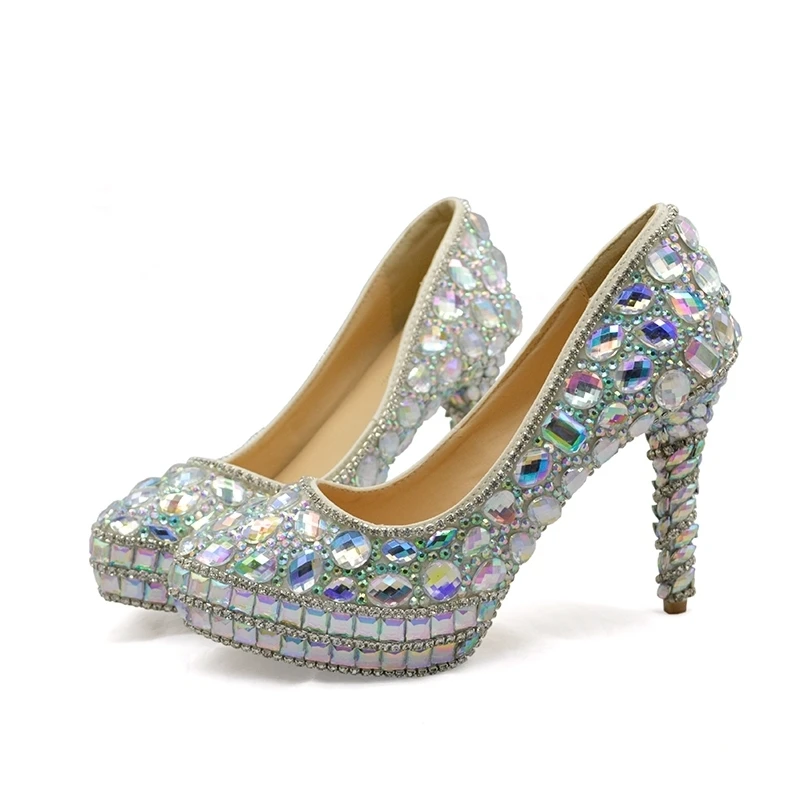 

Customise AB Crystal Wedding Dress Shoes Sparkling Rhinestone High Heels Banquet Party Shoes Bride Pumps Platform Plus Size