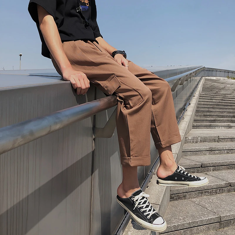 Men's Trousers  Summer New Loose Solid Color Stereo Pocket Korean Version Of The Straight Nine Pants Youth Casual Men's Clothing